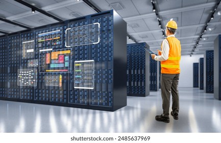 Programmer or engineer with tablet in server room