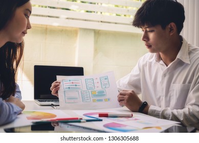 Programmer engineers discussion and drawing website ux app for start new project web design in company office. Developing programming and coding technologies Concept.