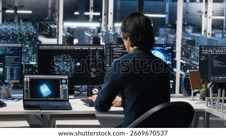 Programmer entering server room office, using AI to review infrastructure diagnostics. IT admin in data center high tech facility analyzes performance data using artificial intelligence tech, camera A