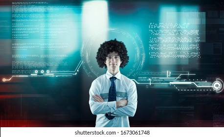 Programmer in front of futuristic user interface . High tech screens codes and information . 