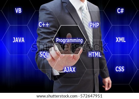 Programmer hand touching virtual panel of programming languages, Computer technology concept