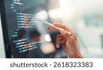 Programmer, hands or person with screen for code, app development and debugging computer. Closeup, programming and employee with technology review for software testing, system data or online update
