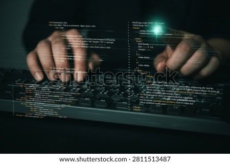programmer hands typing computer keyboard pointing glowing code hologram virtual screen software development web design programming cybersecurity digital technology hacker coding script HTML CSS network