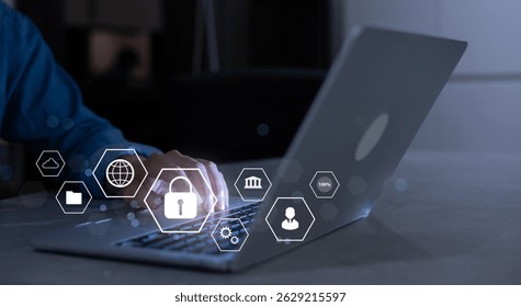 programmer man hand type keyboard input code to access register to unlock system password on laptop in darkness operation room with virtual icon reality interface for cyber security and future concept