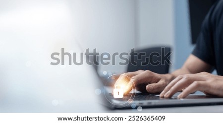 programmer man hand type keyboard to input code or data for register and unlock system password on laptop in office operation room with virtual reality interface for cyber security and safety concept