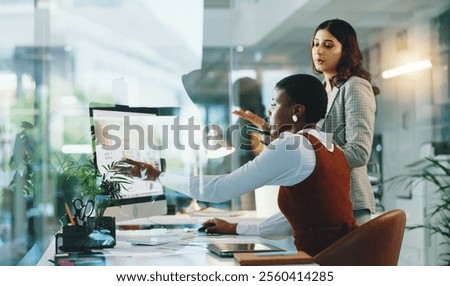 Programmer, meeting and computer with manager, discussion or work review for data analysis. Web designer, women and idea for training, website and advice for brainstorming and development in office