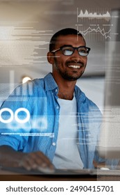 Programmer, overlay and happy man on computer for cybersecurity, website development and coding. Cloud research, smile or IT technician typing code for online data, software algorithm or programming
