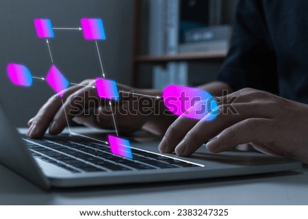 IT programmer people hand working on laptop computer with digital flowchart database diagram, workflow automation, software development, program developer, technology, software engineer concept
