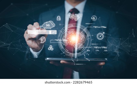 Programmer people Hold Brain mechanism virtual screen AI, artificial intelligence software engineer coding on laptop computers with technology icons and binary code, big data, coding Ai robot digital