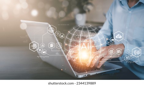 Programmer people working laptops or smartphones with AI, artificial intelligence software engineer coding on laptop computers with technology icons and binary code, big data, Ai bot digital machine
