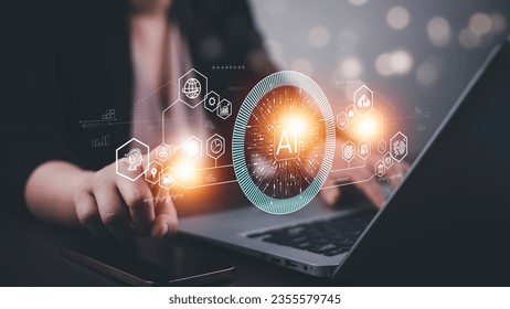 Programmer people working laptops or smartphones with AI, artificial intelligence software engineer coding on laptop computers with technology icons and binary code, big data, Ai bot digital machine