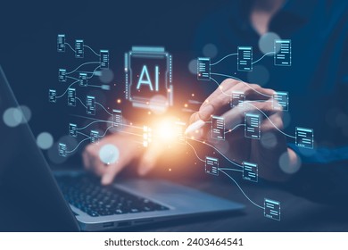 Programmer people working laptops or smartphones with AI, artificial intelligence software engineer coding on laptop computers with technology icons and binary code, big data, Ai bot digital machine