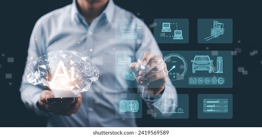 Programmer people working laptops or smartphones with AI, artificial intelligence software engineer coding on smart phone with technology icons and binary code, big data, Ai bot digital machine