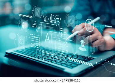 Programmer people working laptops or smartphones with AI, artificial intelligence software engineer coding on laptop computers with technology icons and binary code, big data, Ai bot digital machine