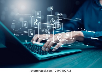 Programmer people working laptops or smartphones with AI, artificial intelligence software engineer coding on laptop computers with technology icons and binary code, big data, Ai bot digital machine