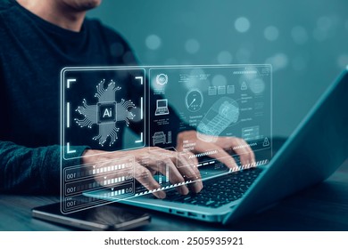 Programmer people working laptops or smartphones with AI, artificial intelligence software engineer coding on laptop computers with technology icons and binary code, big data, Ai bot digital machine