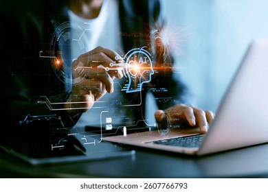 Programmer people working laptops or smartphones with AI, artificial intelligence software engineer coding on laptop computers with technology icons and binary code, big data, Ai bot digital machine