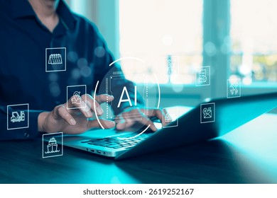 Programmer people working laptops or smartphones with AI, artificial intelligence software engineer coding on laptop computers with technology icons and binary code, big data, Ai bot digital machine