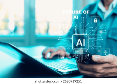 Programmer people working laptops or smartphones with AI, artificial intelligence software engineer coding on laptop computers with technology icons and binary code, big data, Ai bot digital machine