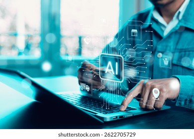 Programmer people working laptops or smartphones with AI, artificial intelligence software engineer coding on laptop computers with technology icons and binary code, big data, Ai bot digital machine