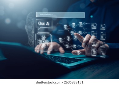 Programmer people working laptops or smartphones with AI, artificial intelligence software engineer coding on laptop computers with technology icons and binary code, big data, Ai bot digital machine