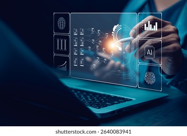 Programmer people working laptops or smartphones with AI, artificial intelligence software engineer coding on laptop computers with technology icons and binary code, big data, Ai bot digital machine