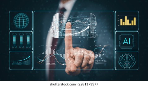 Programmer people working and touch virtual screen AI, artificial intelligence software engineer coding on laptop computers with technology icons and binary code, big data, coding Ai bot digital
