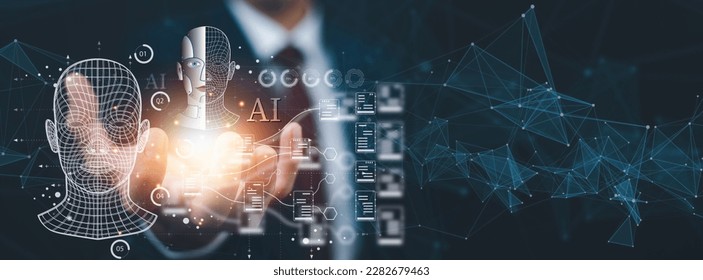 Programmer people working and touch virtual screen AI, artificial intelligence software engineer coding on laptop computers with technology icons and binary code, big data, coding Ai robot digital