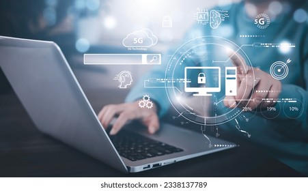 Programmer people working and touch virtual screen AI, artificial intelligence software engineer coding on laptop computers with technology icons and binary code, big data, coding Ai bot digital