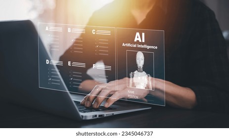 Programmer people working and touch virtual screen AI, artificial intelligence software engineer coding on laptop computers with technology icons and binary code, big data, coding Ai bot digital