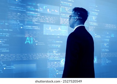 Programmer person in glasses reading programming script with cybersecurity technology.Developer view data analytics. Software, coding hologram on virtual screen.