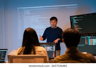 Programmer presenting software project to team in modern office.Asian software developers working on multiple screens displaying Source code and application diagrams at night.coding technologies. - Powered by Shutterstock - Get 15% off with code: PIKWIZARD15