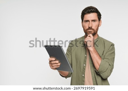Programmer, tablet or man with thinking in studio for software glitch, planning or troubleshooting. Mockup, web developer and confused with coding mistake, system solution or test on white background