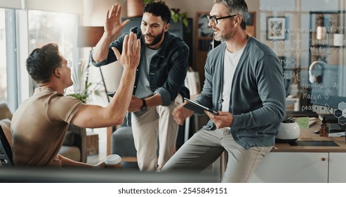 Programmer, teamwork and high five with business people in office for website developer, coding bootcamp and success. Support, collaboration and software engineer with employees in tech startup