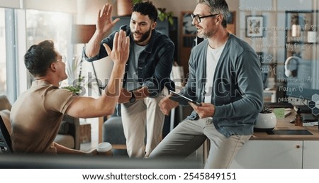 Programmer, teamwork and high five with business people in office for website developer, coding bootcamp and success. Support, collaboration and software engineer with employees in tech startup