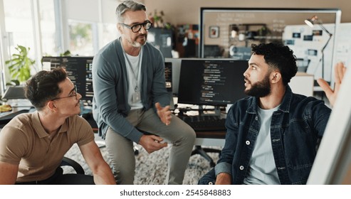 Programmer, teamwork and meeting with business people in office for website developer, coding bootcamp and review. Mentor, collaboration and software engineer with group of employees in tech startup