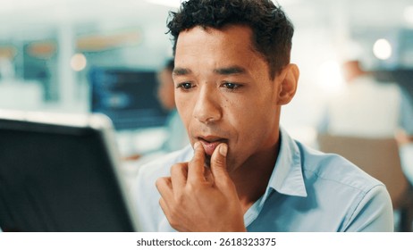 Programmer, thinking and man on tablet in office for problem solving, web development and reading code. Idea, serious developer and tech for software, creative inspiration and planning algorithm