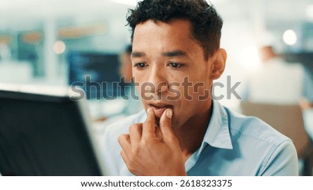 Programmer, thinking and man on tablet in office for problem solving, web development and reading code. Idea, serious developer and tech for software, creative inspiration and planning algorithm