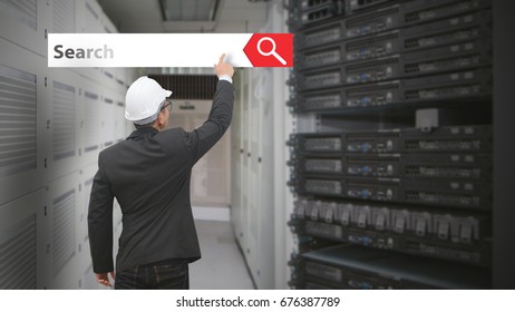 Programmer touch the smart search in server room