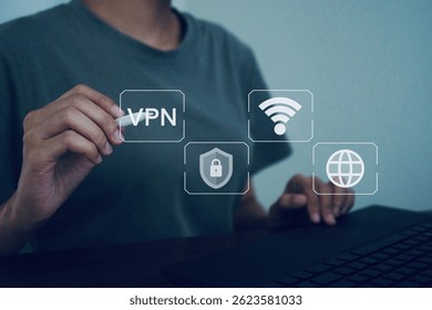 Programmer touch VPN frame to access VPN mode while using Internet for future network communication technology concept.