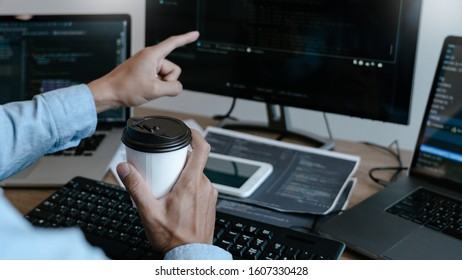 Programmer Typing Code On Desktop Computer Stock Photo 1607330428 ...