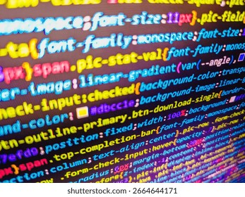 Programmer Typing New Lines of HTML Code at working Time. Software developer programming code on black screen. Script on computer with source code. Php language and coding function developer