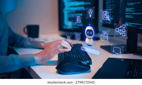Programmer use agentic ai with ai agent using autonomous workflow for automation represents artificial intelligence innovation and digital transformation for business strategy management