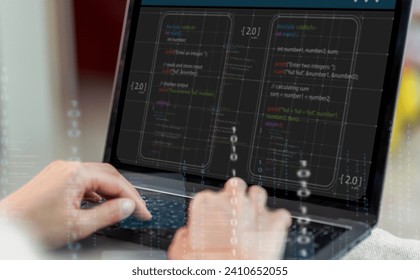 Programmer use laptop with cybersecurity technology design websites on internet network developer, digital, data analytics, cyberspace, web development, coding, software engineer, DevOps.AI chatbot