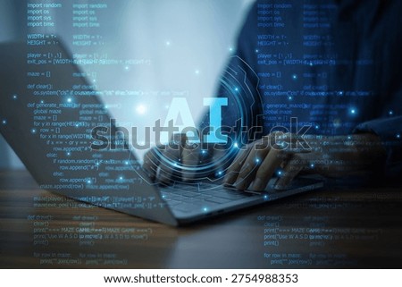 Programmer using computer to code software with AI artificial intelligence supporting modern programming and automation technology.