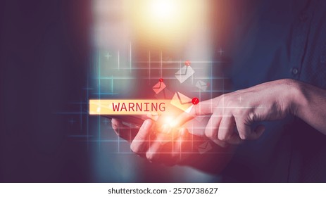 Programmer and virtual icons , exclamation mark ,alarm,computer virus detected ,danger warning concept or information error that should be urgently fixed and repaired ,Notification of security issues