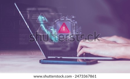Programmer and virtual icons , exclamation mark ,alarm,computer virus detected ,danger warning concept or information error that should be urgently fixed and repaired ,Notification of security issues 