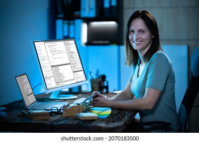 Programmer Woman Coding On Computer. Coder Girl