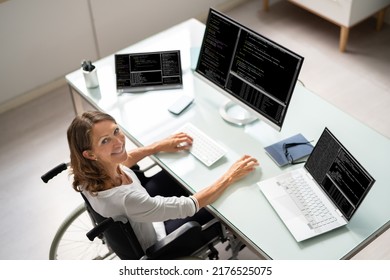 Programmer Woman Coding On Multiple Computer Screens