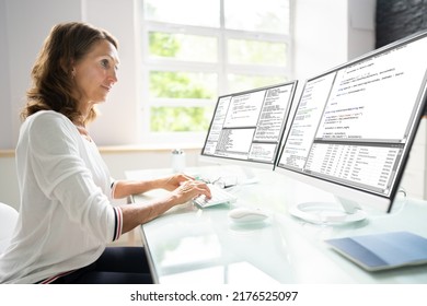 Programmer Woman Coding On Multiple Computer Screens